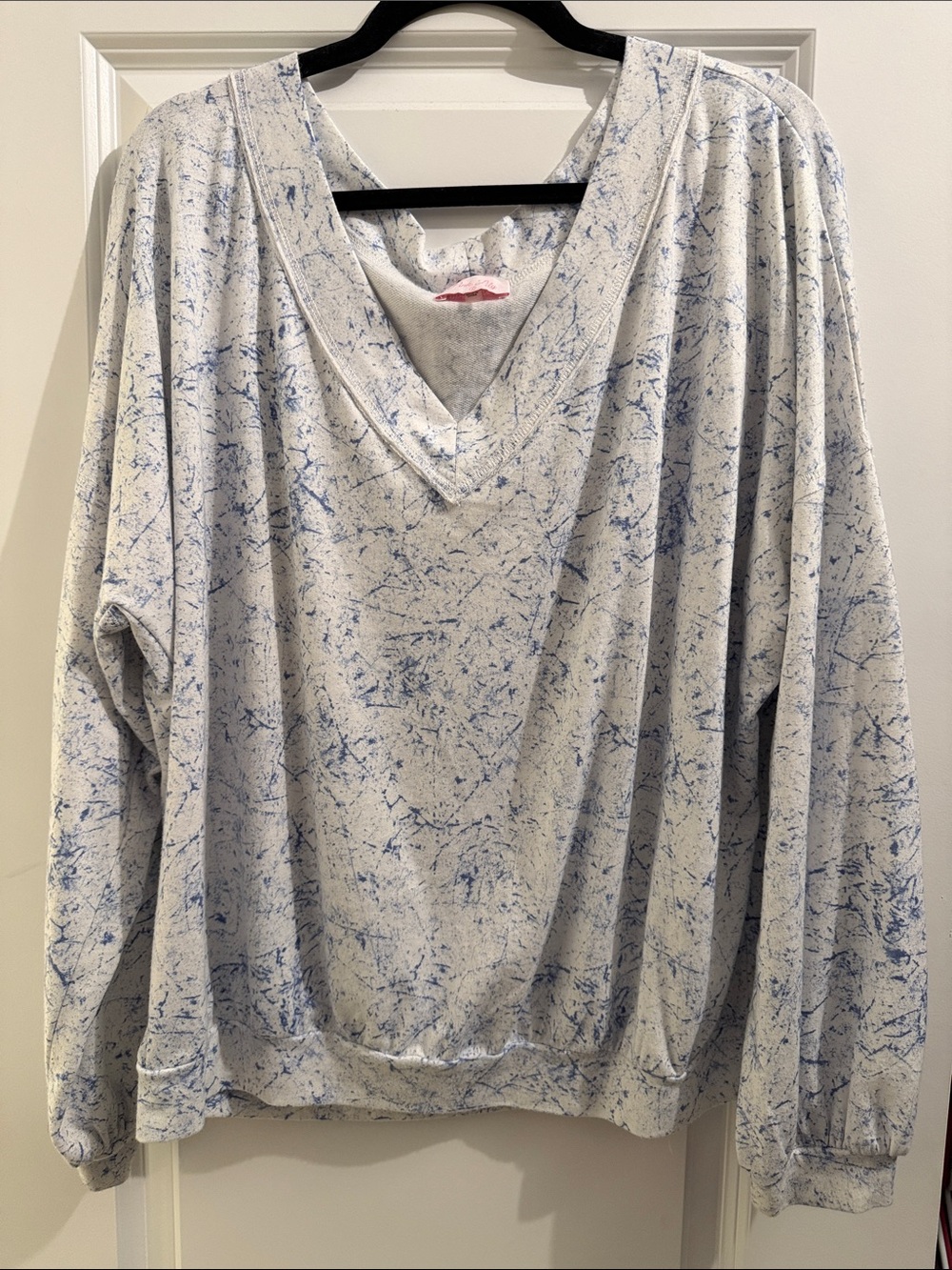 Pink Lily White V-Neck Sweater with Blue Splatter